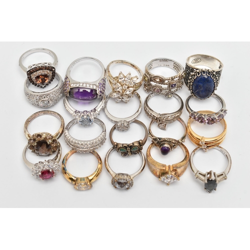 118 - A BAG OF TWENTY RINGS, to include seventeen white metal rings of various designs, most set with cubi... 