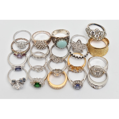 119 - A BAG OF TWENTY RINGS, to include seventeen white metal rings, of various designs, most set with cub... 