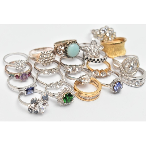 119 - A BAG OF TWENTY RINGS, to include seventeen white metal rings, of various designs, most set with cub... 