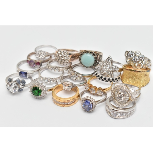 119 - A BAG OF TWENTY RINGS, to include seventeen white metal rings, of various designs, most set with cub... 