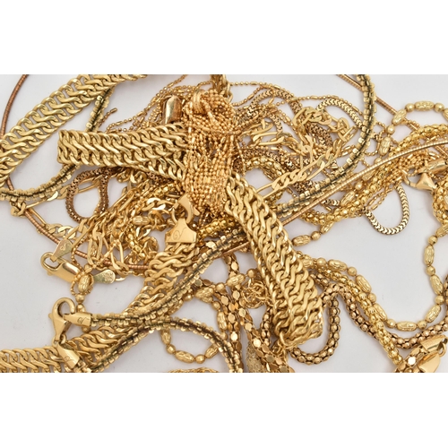 122 - A SELECTION OF GILT METAL CHAINS, to include eleven chains of various styles, most pieces stamped 92... 