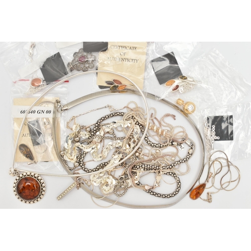 123 - A SELECTION OF WHITE METAL JEWELLERY, to include packaged amber set pendants with chains, stamped 92... 