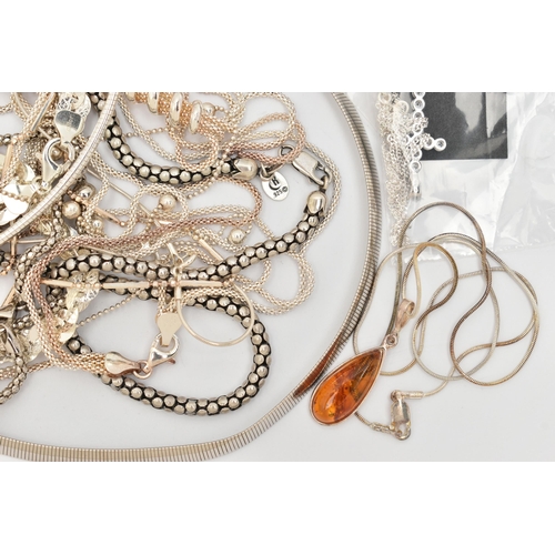 123 - A SELECTION OF WHITE METAL JEWELLERY, to include packaged amber set pendants with chains, stamped 92... 