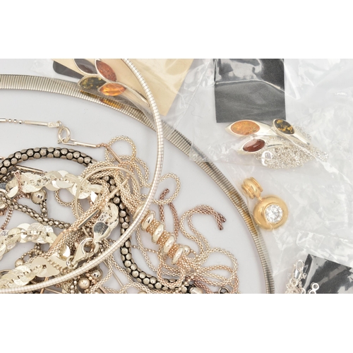 123 - A SELECTION OF WHITE METAL JEWELLERY, to include packaged amber set pendants with chains, stamped 92... 