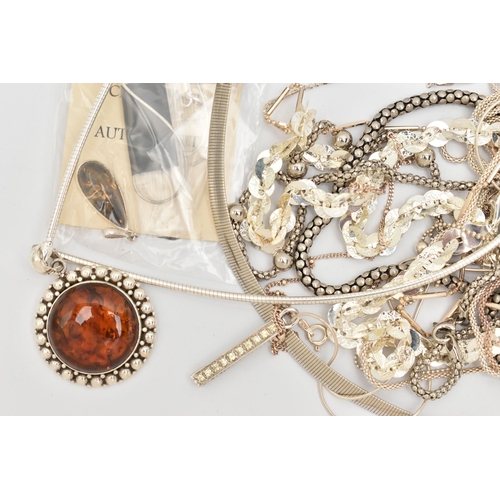 123 - A SELECTION OF WHITE METAL JEWELLERY, to include packaged amber set pendants with chains, stamped 92... 