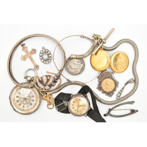 128 - A SELECTION OF MAINLY LATE 19TH TO EARLY 20TH CENTURY JEWELLERY, to include a pocket watch, stamped ... 