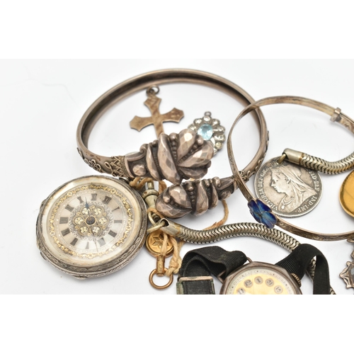 128 - A SELECTION OF MAINLY LATE 19TH TO EARLY 20TH CENTURY JEWELLERY, to include a pocket watch, stamped ... 