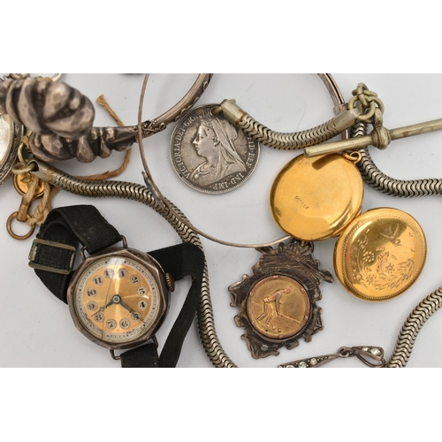 128 - A SELECTION OF MAINLY LATE 19TH TO EARLY 20TH CENTURY JEWELLERY, to include a pocket watch, stamped ... 