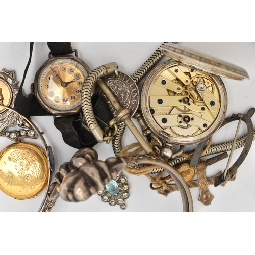 128 - A SELECTION OF MAINLY LATE 19TH TO EARLY 20TH CENTURY JEWELLERY, to include a pocket watch, stamped ... 