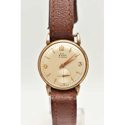 129 - A 1950'S 9CT GOLD ELCO WRISTWATCH, with circular face, Roman numeral and baton markers, subsidiary d... 