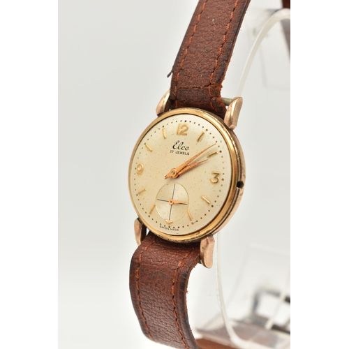 129 - A 1950'S 9CT GOLD ELCO WRISTWATCH, with circular face, Roman numeral and baton markers, subsidiary d... 