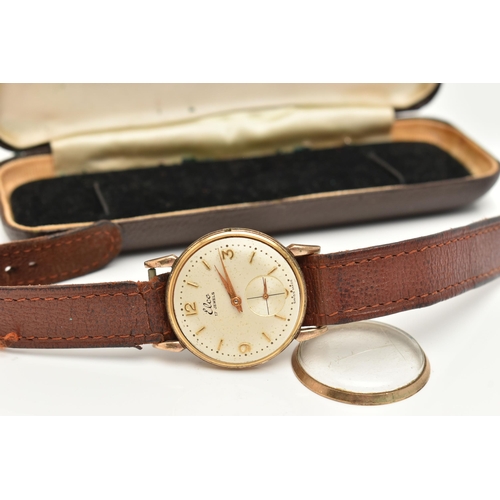 129 - A 1950'S 9CT GOLD ELCO WRISTWATCH, with circular face, Roman numeral and baton markers, subsidiary d... 