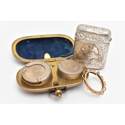 132 - A SILVER VESTA CASE, A 9CT GOLD COIN MOUNT AND A BRASS SOVEREIGN CASE, a rectangular silver vesta ca... 