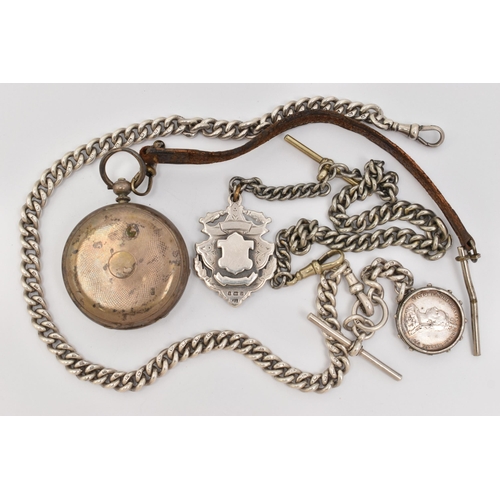 133 - A SILVER ALBERT CHAIN WITH VICTORIA 1887 ONE SHILLING COIN, A SILVER FOB MEDAL AND A WHITE METAL POC... 