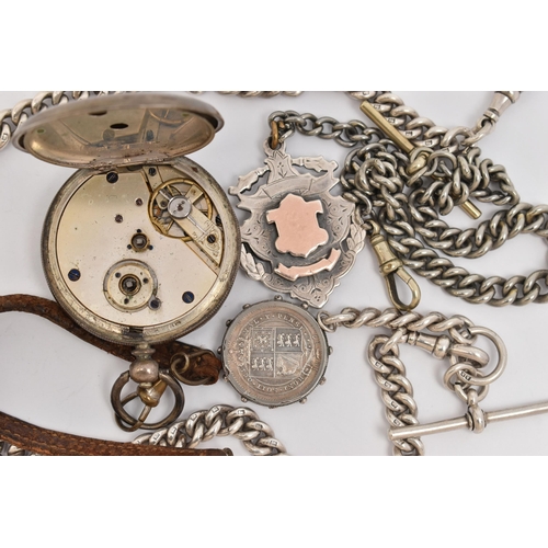 133 - A SILVER ALBERT CHAIN WITH VICTORIA 1887 ONE SHILLING COIN, A SILVER FOB MEDAL AND A WHITE METAL POC... 