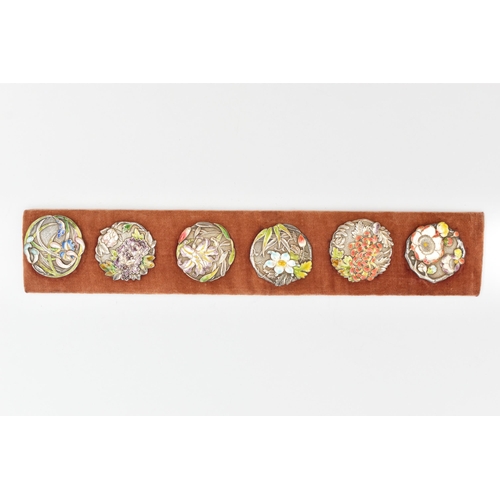 134 - A SET OF SIX JAPANESE/CHINESE ENAMEL BUTTONS, six white metal round buttons, each decorated with var... 