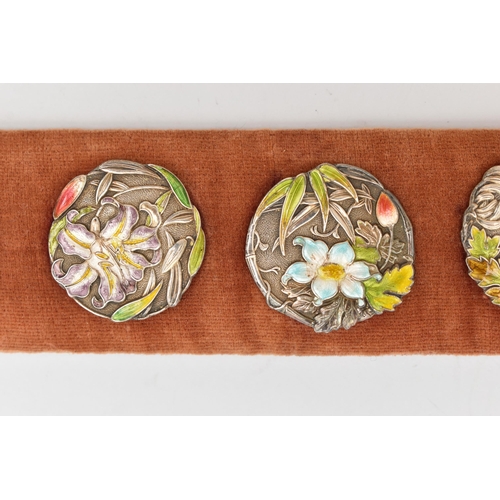 134 - A SET OF SIX JAPANESE/CHINESE ENAMEL BUTTONS, six white metal round buttons, each decorated with var... 