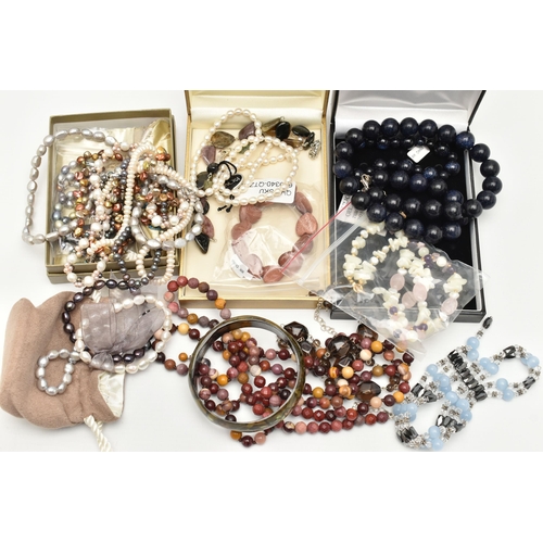 136 - A BOX OF SEMI-PRECIOUS GEMSTONE JEWELLERY, to include two jasper bead necklaces, a goldstone heart s... 