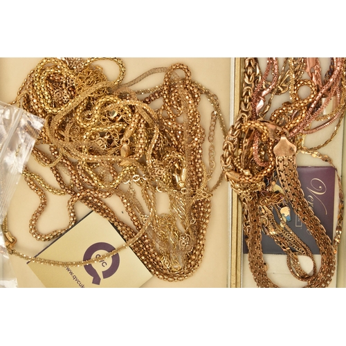 137 - A BOX OF ASSORTED GILT METAL JEWELLERY, most pieces stamped 925, to include chains and bracelets, ap... 