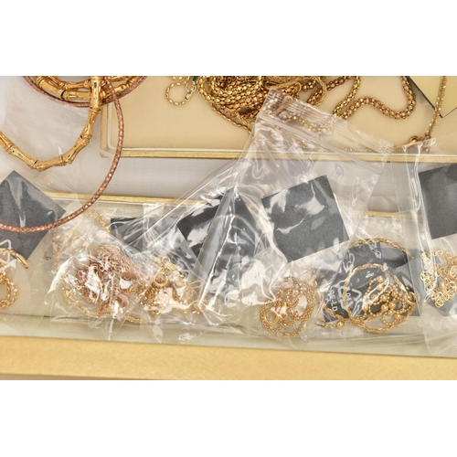 137 - A BOX OF ASSORTED GILT METAL JEWELLERY, most pieces stamped 925, to include chains and bracelets, ap... 