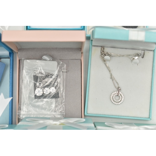 139 - A COLLECTION OF BOXED WHITE METAL PENDANT NECKLACES, to include fifteen pieces, most stamped 925 (co... 