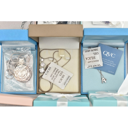 139 - A COLLECTION OF BOXED WHITE METAL PENDANT NECKLACES, to include fifteen pieces, most stamped 925 (co... 