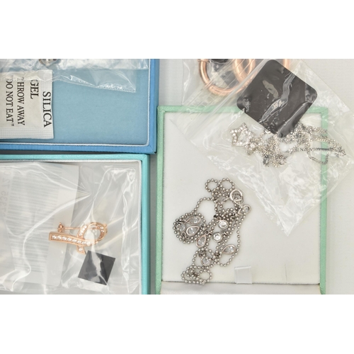 143 - A BOX OF ASSORTED WHITE METAL JEWELLERY, mostly chains, pendant necklaces and bracelets, most pieces... 