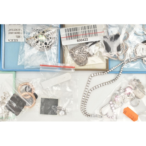 143 - A BOX OF ASSORTED WHITE METAL JEWELLERY, mostly chains, pendant necklaces and bracelets, most pieces... 