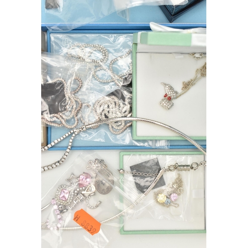 143 - A BOX OF ASSORTED WHITE METAL JEWELLERY, mostly chains, pendant necklaces and bracelets, most pieces... 