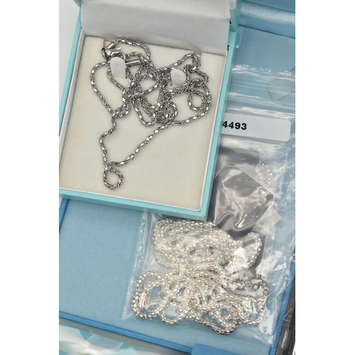 143 - A BOX OF ASSORTED WHITE METAL JEWELLERY, mostly chains, pendant necklaces and bracelets, most pieces... 