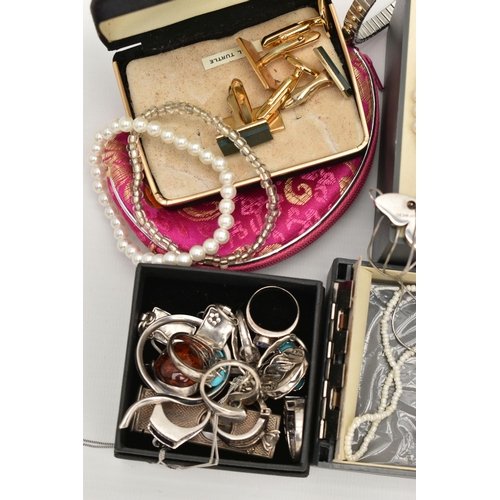 144 - AN ASSORTMENT OF WHITE METAL JEWELLERY AND COSTUME JEWELLERY, to include eight white metal rings of ... 