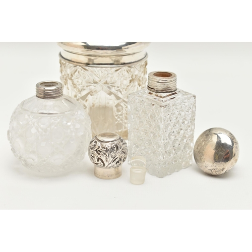 148 - TWO GLASS SCENT BOTTLES AND A TOILET JAR, to include a small round glass scent bottle with screw on ... 