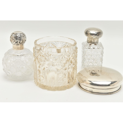 148 - TWO GLASS SCENT BOTTLES AND A TOILET JAR, to include a small round glass scent bottle with screw on ... 