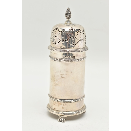 154 - AN EARLY 20TH CENTURY SILVER SUGAR CASTER, beaded detail raised on three paw feet, pierced cover wit... 