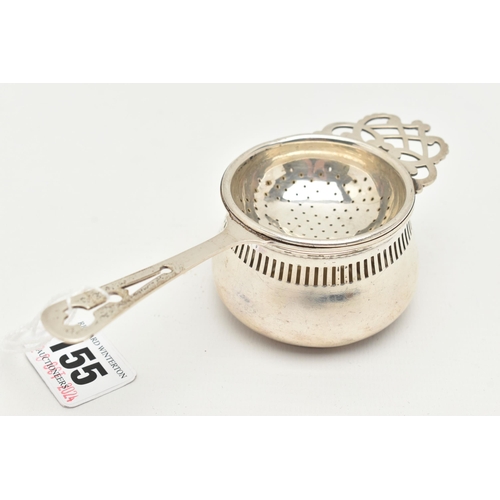 155 - AN ELIZABETH II SILVER TEA STRAINER WITH STAND, each piece hallmarked 'William Suckling Ltd' Birming... 