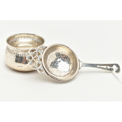 155 - AN ELIZABETH II SILVER TEA STRAINER WITH STAND, each piece hallmarked 'William Suckling Ltd' Birming... 