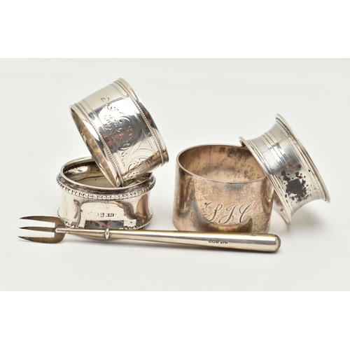 157 - A SELECTION OF SILVER ITEMS, to include four single napkin rings of various designs, each with a ful... 