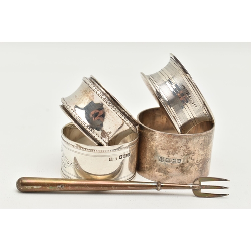 157 - A SELECTION OF SILVER ITEMS, to include four single napkin rings of various designs, each with a ful... 