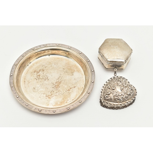 158 - A SILVER DISH WITH TWO TRINKET BOXES, the dish of a circular form with Celtic pattern raised rim, ha... 