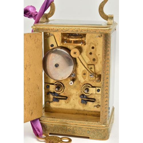 163 - A LATE 19TH CENTURY AUGUSTE OF PARIS STRIKING BRASS CASED CARRIAGE CLOCK, the handle and case ornate... 