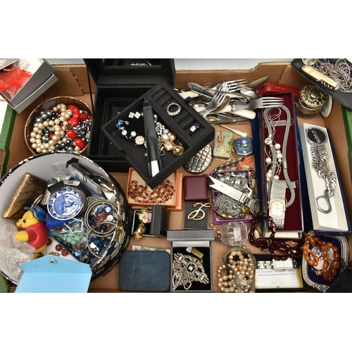 168 - A BOX OF ASSORTED ITEMS, to include various pieces of costume jewellery, fashion wristwatches, boxes... 