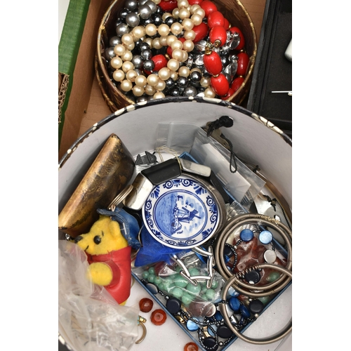 168 - A BOX OF ASSORTED ITEMS, to include various pieces of costume jewellery, fashion wristwatches, boxes... 