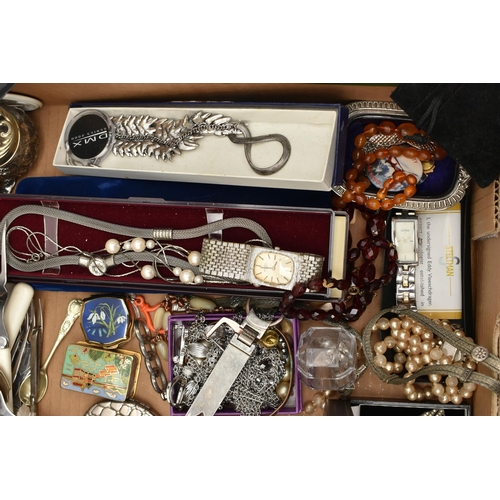 168 - A BOX OF ASSORTED ITEMS, to include various pieces of costume jewellery, fashion wristwatches, boxes... 