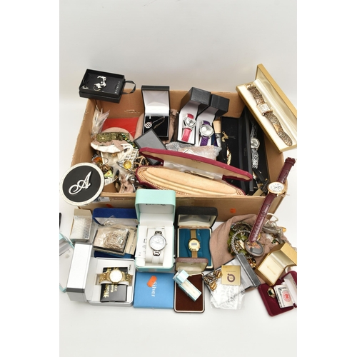 169 - A BOX OF ASSORTED COSTUME JEWELLERY AND WRISTWATCHES, various pieces of costume jewellery including ... 