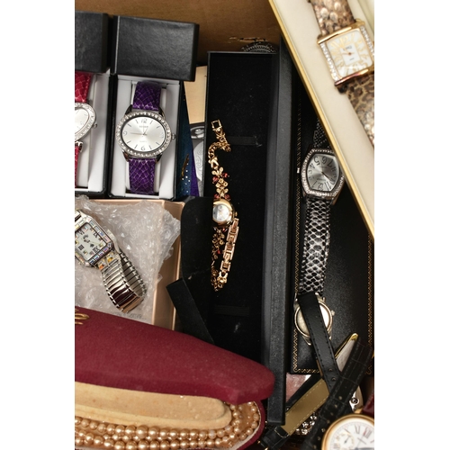 169 - A BOX OF ASSORTED COSTUME JEWELLERY AND WRISTWATCHES, various pieces of costume jewellery including ... 