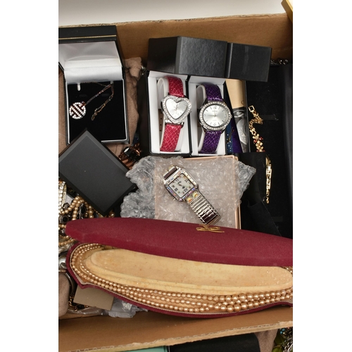 169 - A BOX OF ASSORTED COSTUME JEWELLERY AND WRISTWATCHES, various pieces of costume jewellery including ... 