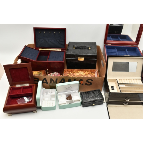 170 - A BOX OF EMPTY JEWELLERY BOXES, to include a large wooden multi storage box, a small burgundy wooden... 