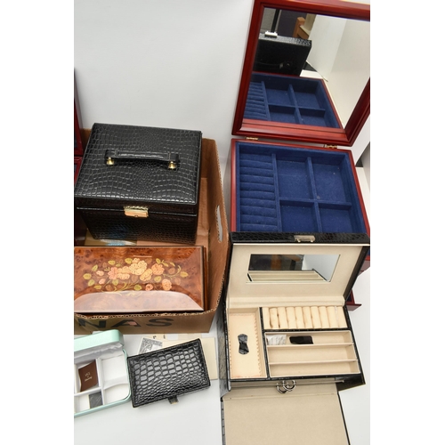 170 - A BOX OF EMPTY JEWELLERY BOXES, to include a large wooden multi storage box, a small burgundy wooden... 