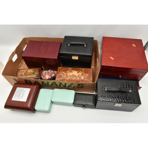 170 - A BOX OF EMPTY JEWELLERY BOXES, to include a large wooden multi storage box, a small burgundy wooden... 