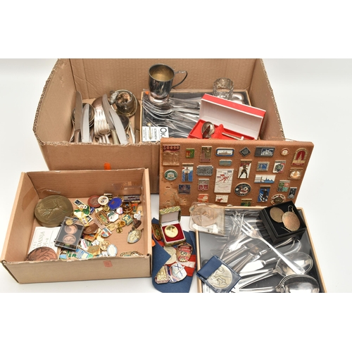 172 - A BOX OF ASSORTED WHITE METAL WARE, to include boxed sets of stainless steel 'Oka' cutlery pieces, a... 